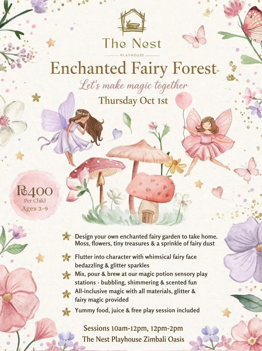 Promotional flyer for 'The Nest Playhouse' 'Enchanted Fairy Forest' workshop on Thursday Oct 1st. The flyer features a whimsical fairy forest illustration with pink and purple fairies, flowers, and stars on a cream background, with event details listed below.